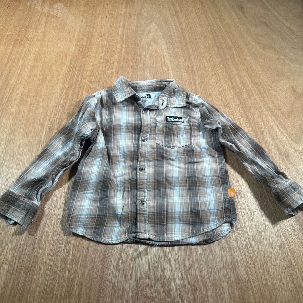 Timberland Flannel Shirt Kids Size 5 Brown Plaid Button Down Long Sleeve